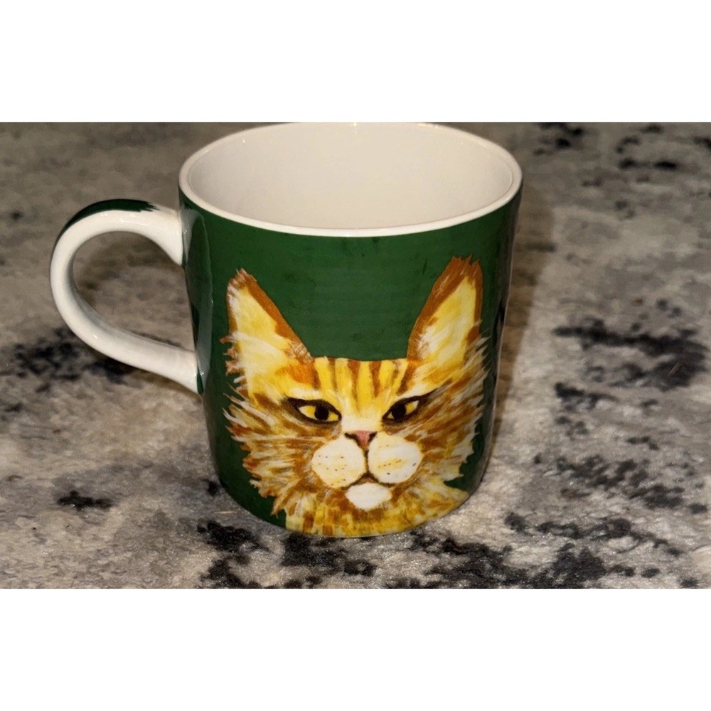 Anthropology Green Carole Akins Orange Cat Boris Mug 15oz